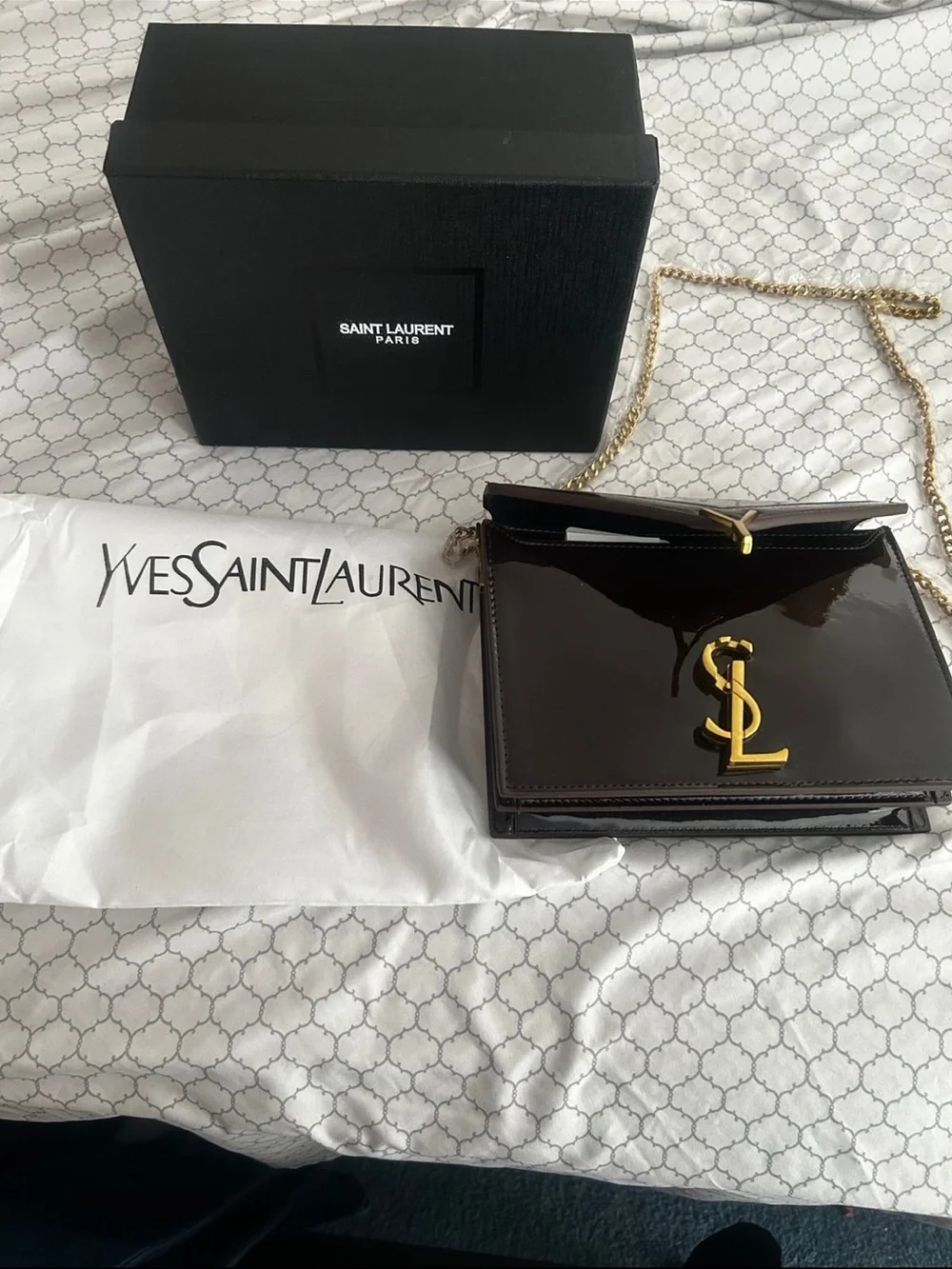 Brown Patent Envelope Shoulder Bag with Gold Chain - Picture 6 of 6